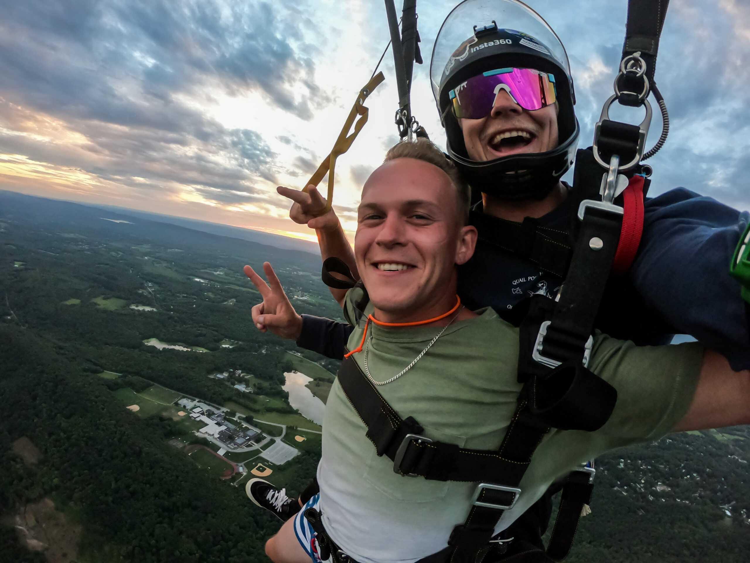Tandem Skydiver flying parachute over New York area